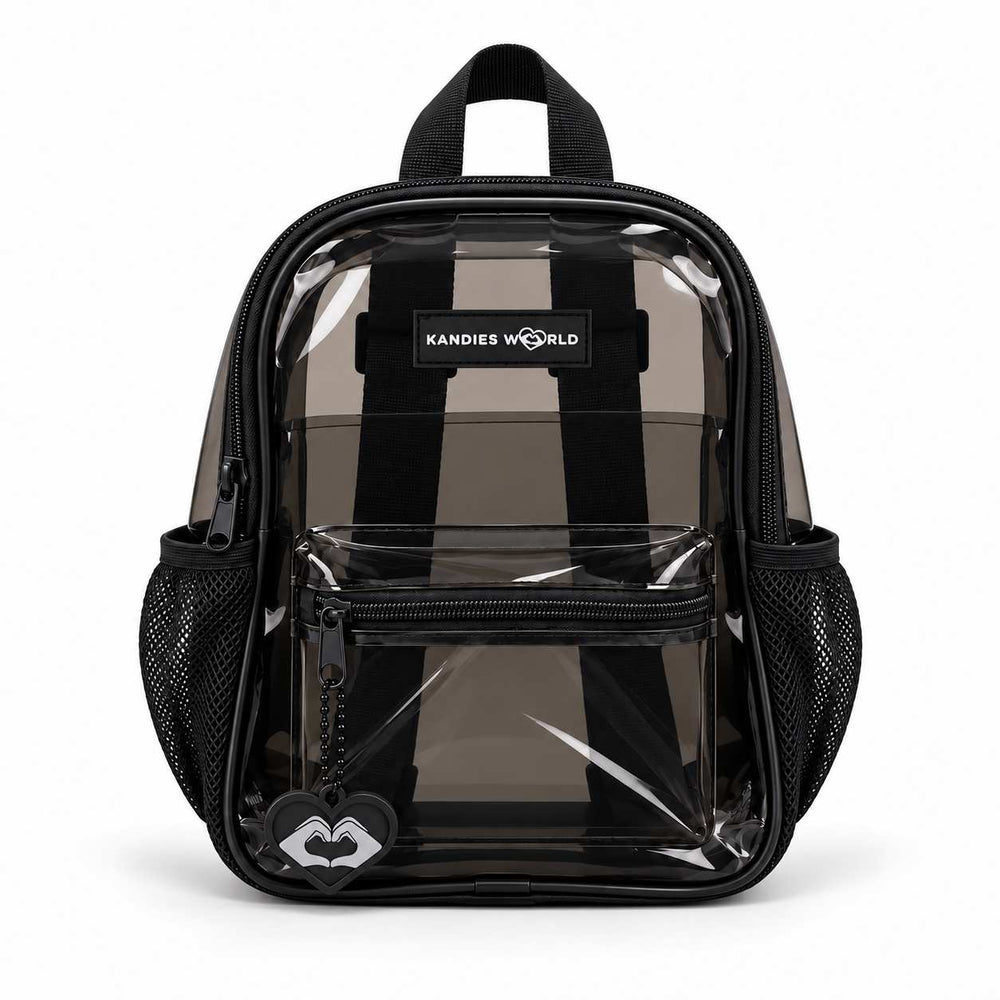 Black clear backpack in transparent PVC with black trim and side mesh pockets, front view
