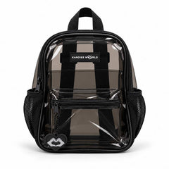Black clear backpack in transparent PVC with black trim and side mesh pockets, front view