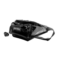 Black clear fanny pack in transparent PVC with black trim and adjustable strap, side view