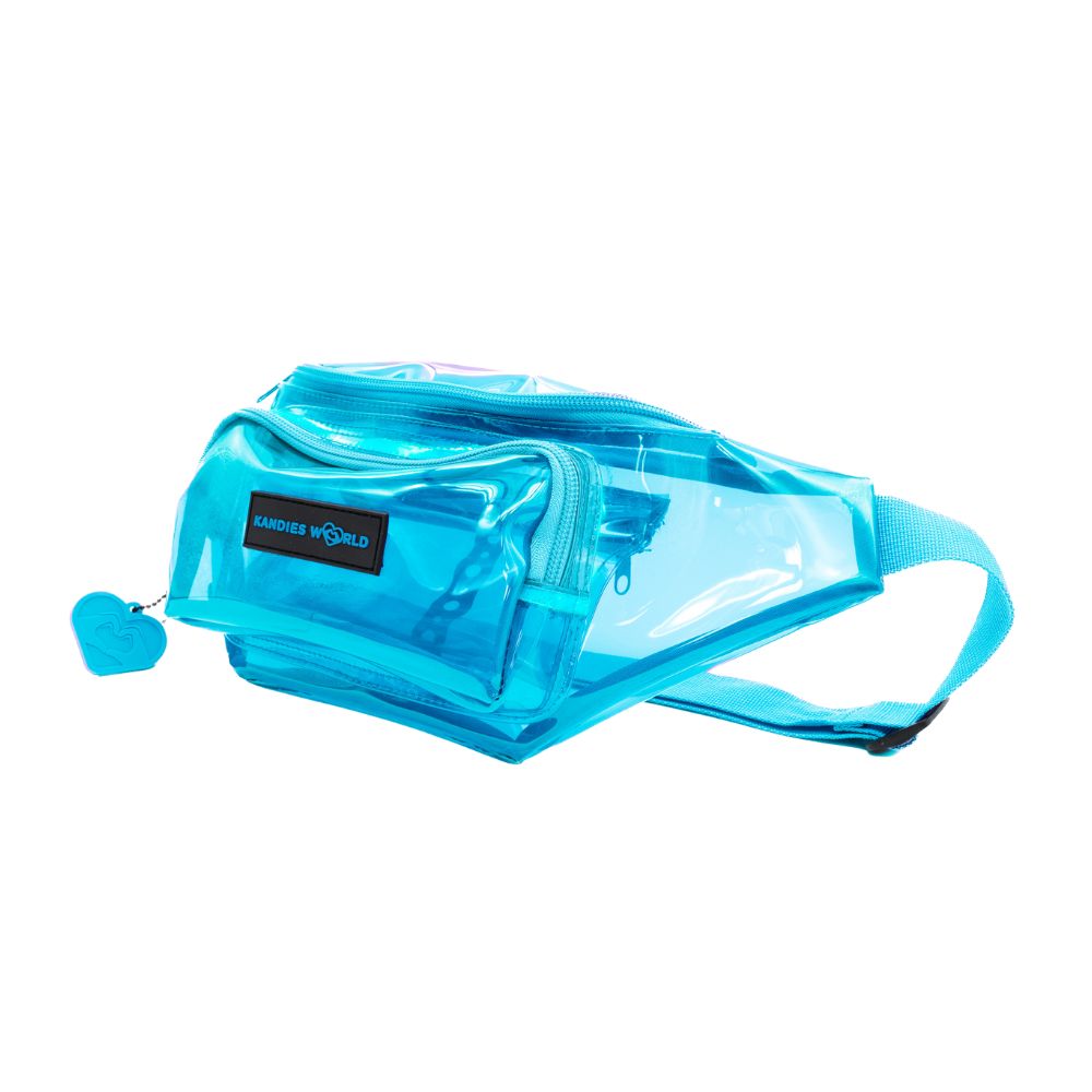 Blue clear fanny pack in transparent PVC with blue trim and adjustable strap, side view