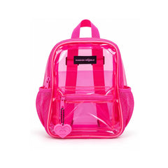 Pink clear backpack in transparent PVC with pink trim and side mesh pockets, front view