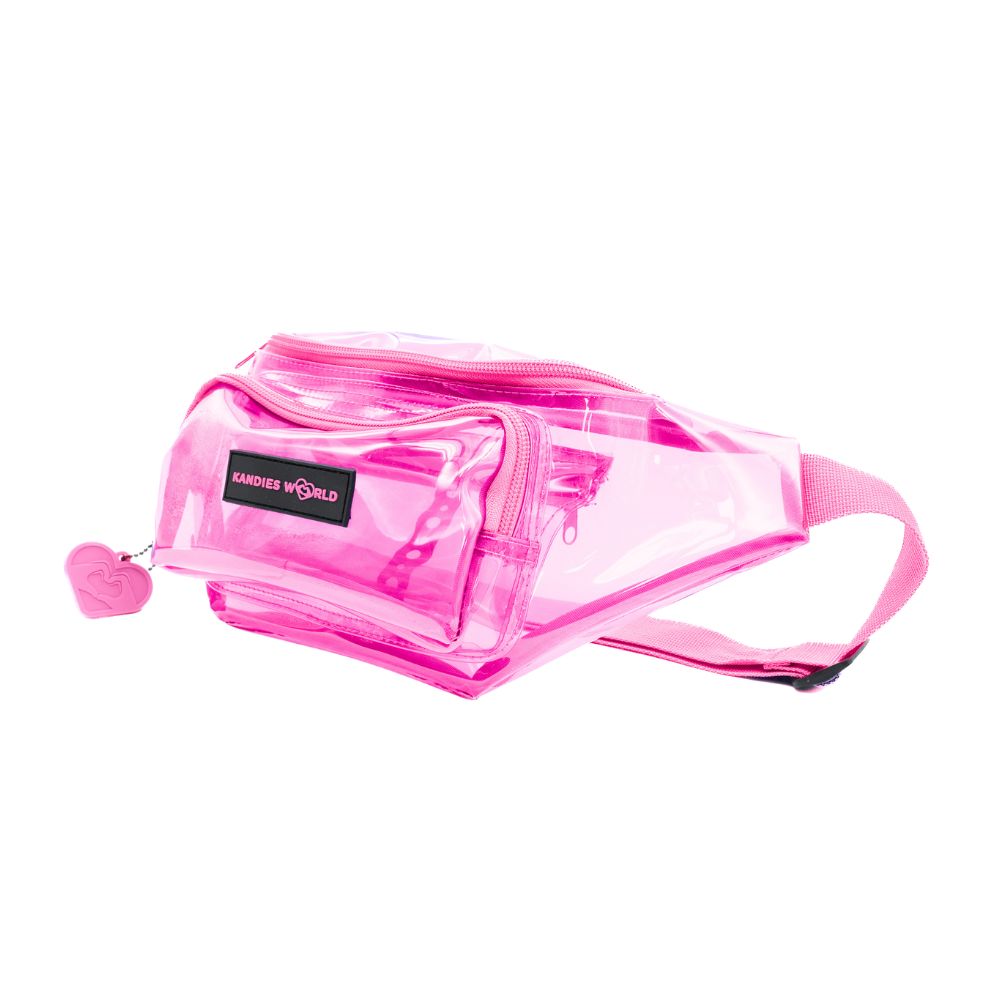 Pink clear fanny pack in transparent PVC with pink trim and adjustable strap, side view