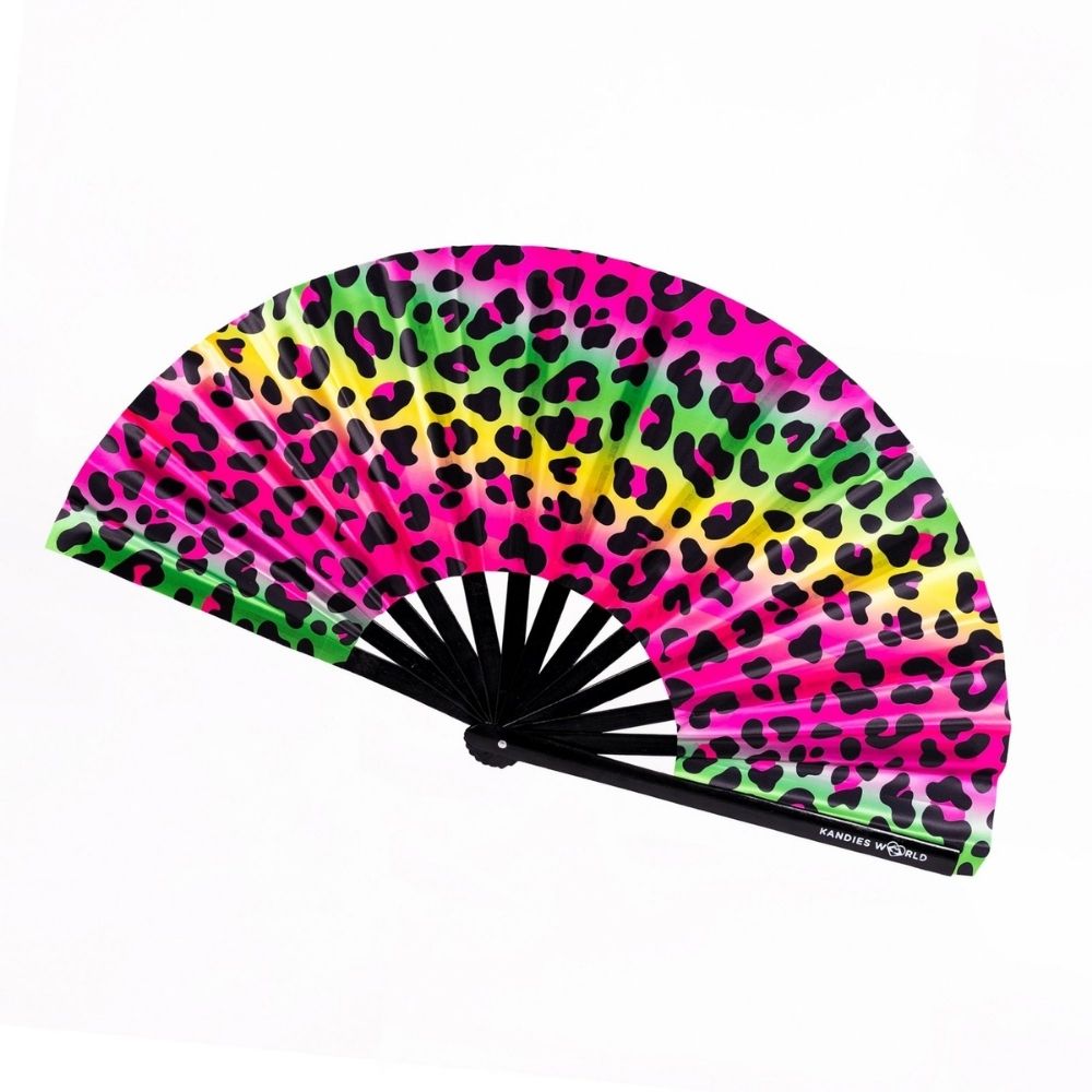 Rainbow Cheetah Rave Fan | UV Reactive Festival Hand Fan – Kandies World