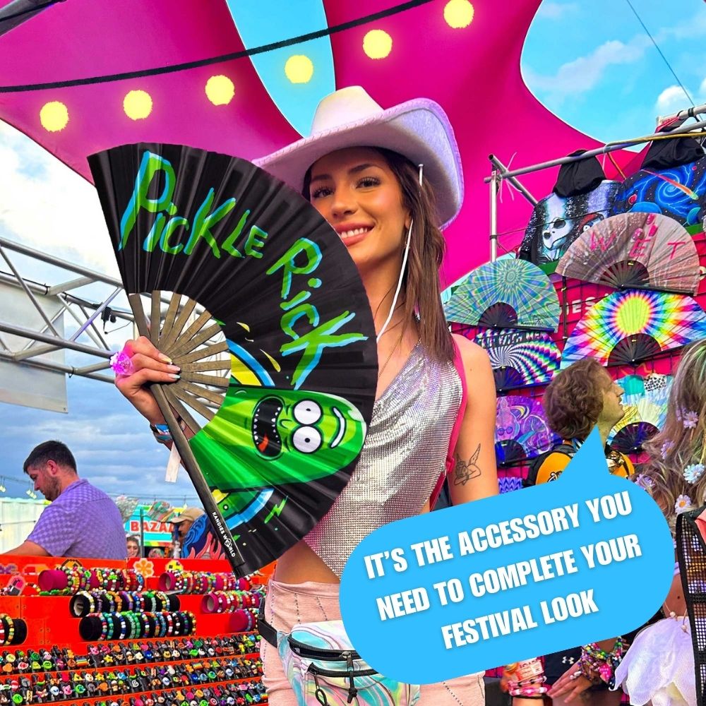 Pickle Fans Pickle Rick Rave Fan | UV Reactive Festival Hand Fan – Kandies World