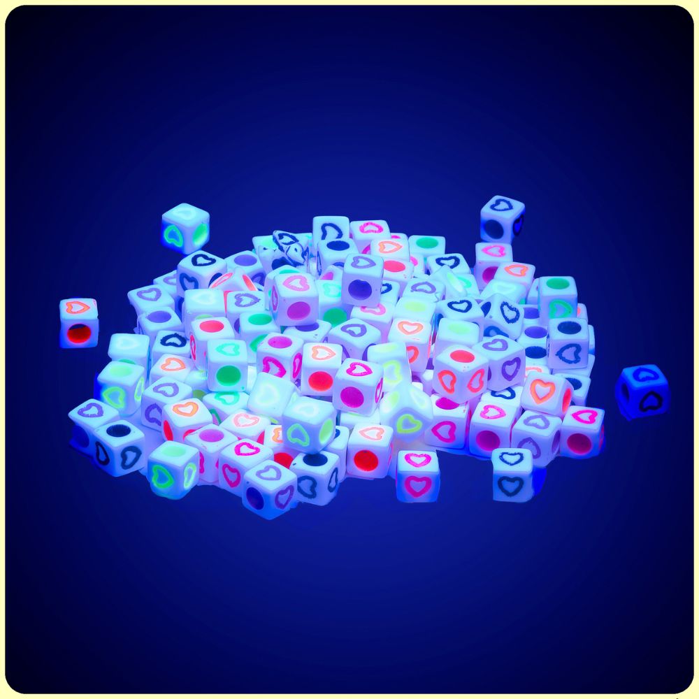 White UV Multicolor Heart Cube Beads - 150/Pack