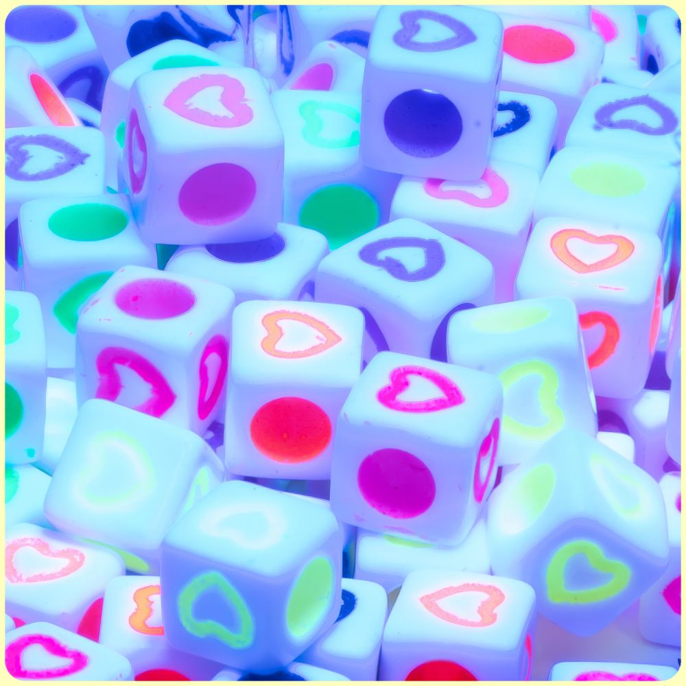 White UV Multicolor Heart Cube Beads - 150/Pack