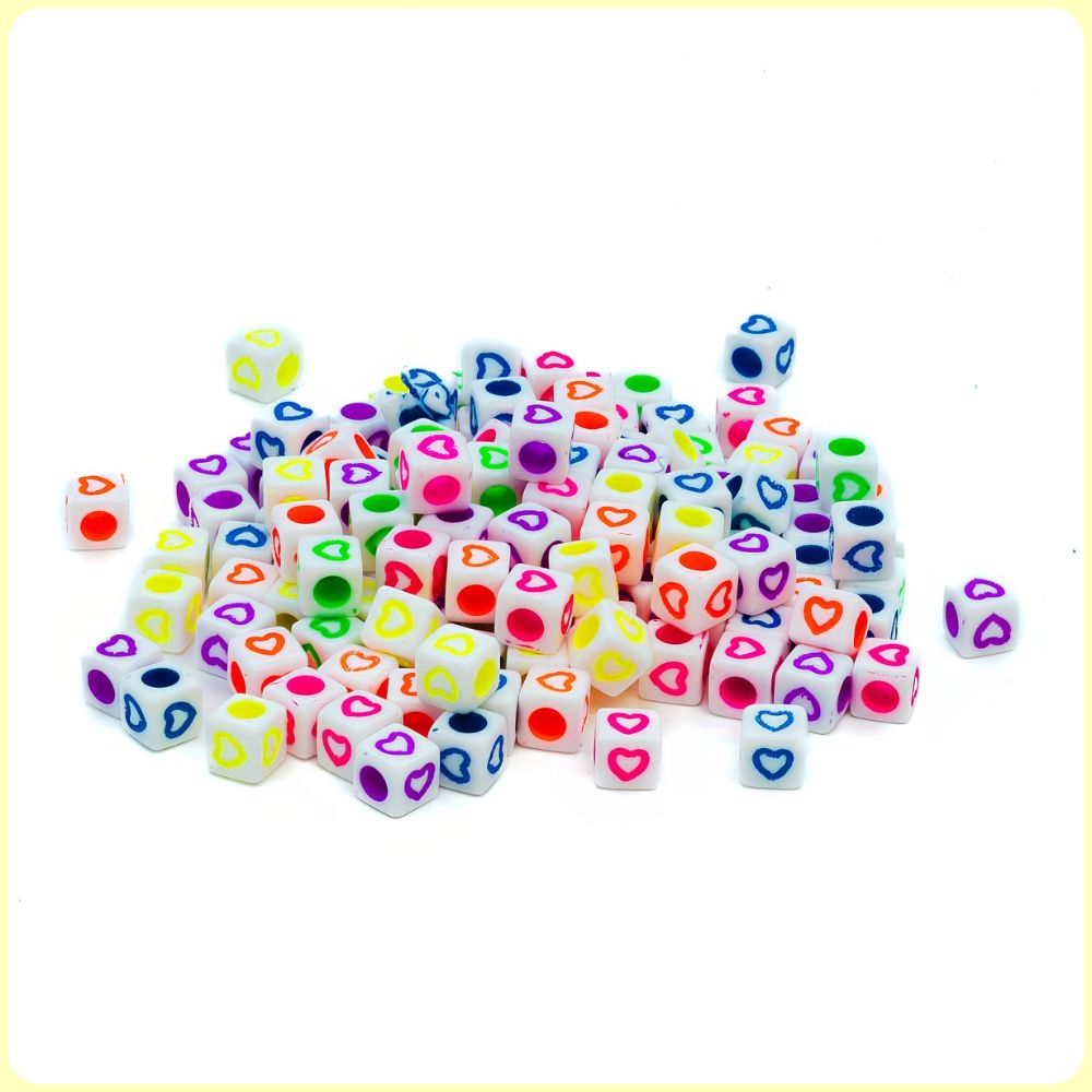 White UV Multicolor Heart Cube Beads - 150/Pack