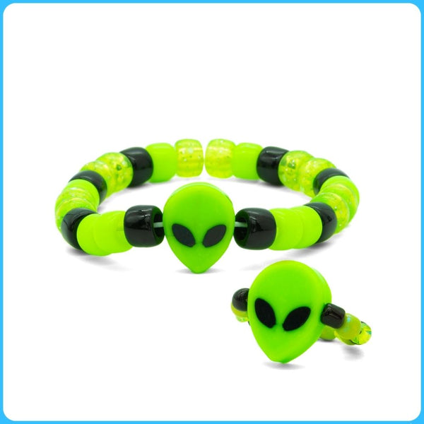 Green Alien Kandi Ring & Bracelet - 2/Pack