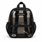 Black clear backpack in transparent PVC with black trim and side mesh pockets, front view