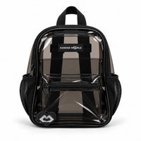 Black clear backpack in transparent PVC with black trim and side mesh pockets, front view