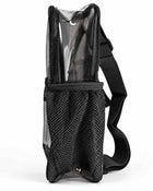 Side view of the black clear backpack with mesh side pocket