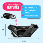 Black clear fanny pack features: multiple pockets, meets clear bag policies and adjustable straps, with size dimensions