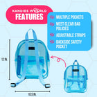 Blue clear backpack features: multiple pockets, meets clear bag policies, adjustable straps and backside safety pocket
