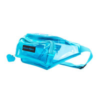 Blue clear fanny pack in transparent PVC with blue trim and adjustable strap, side view