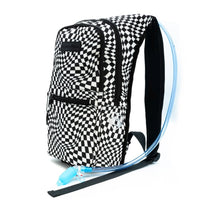Black and white wavy checkered rave hydration pack with blue drinking tube, side view