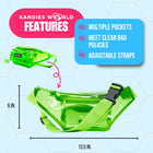 Green clear fanny pack features: multiple pockets, meets clear bag policies and adjustable straps, with size dimensions