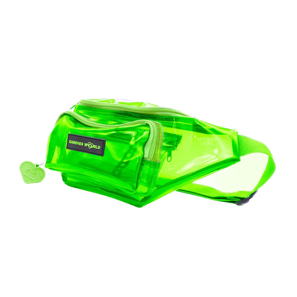 Green clear fanny pack in transparent PVC with green trim and adjustable strap, side view