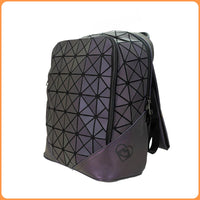 Holographic geometric backpack with reflective material, angled front view