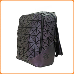 Holographic geometric backpack with reflective material, angled front view