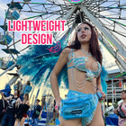 Festival-goer wearing a lightweight blue clear fanny pack with a rave outfit at a carnival, with "Lightweight design" text