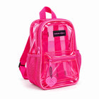 Pink clear backpack in transparent PVC with pink trim, angled front view