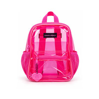 Pink clear backpack in transparent PVC with pink trim and side mesh pockets, front view