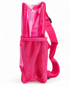 Side view of the pink clear backpack with mesh side pocket