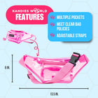 Pink clear fanny pack features: multiple pockets, meets clear bag policies and adjustable straps, with size dimensions