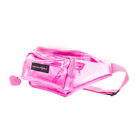 Pink clear fanny pack in transparent PVC with pink trim and adjustable strap, side view