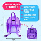Purple clear backpack features: multiple pockets, meets clear bag policies, adjustable straps and backside safety pocket