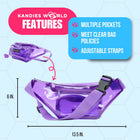 Purple clear fanny pack features: multiple pockets, meets clear bag policies and adjustable straps, with size dimensions