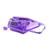 Purple clear fanny pack in transparent PVC with purple trim and adjustable strap, side view
