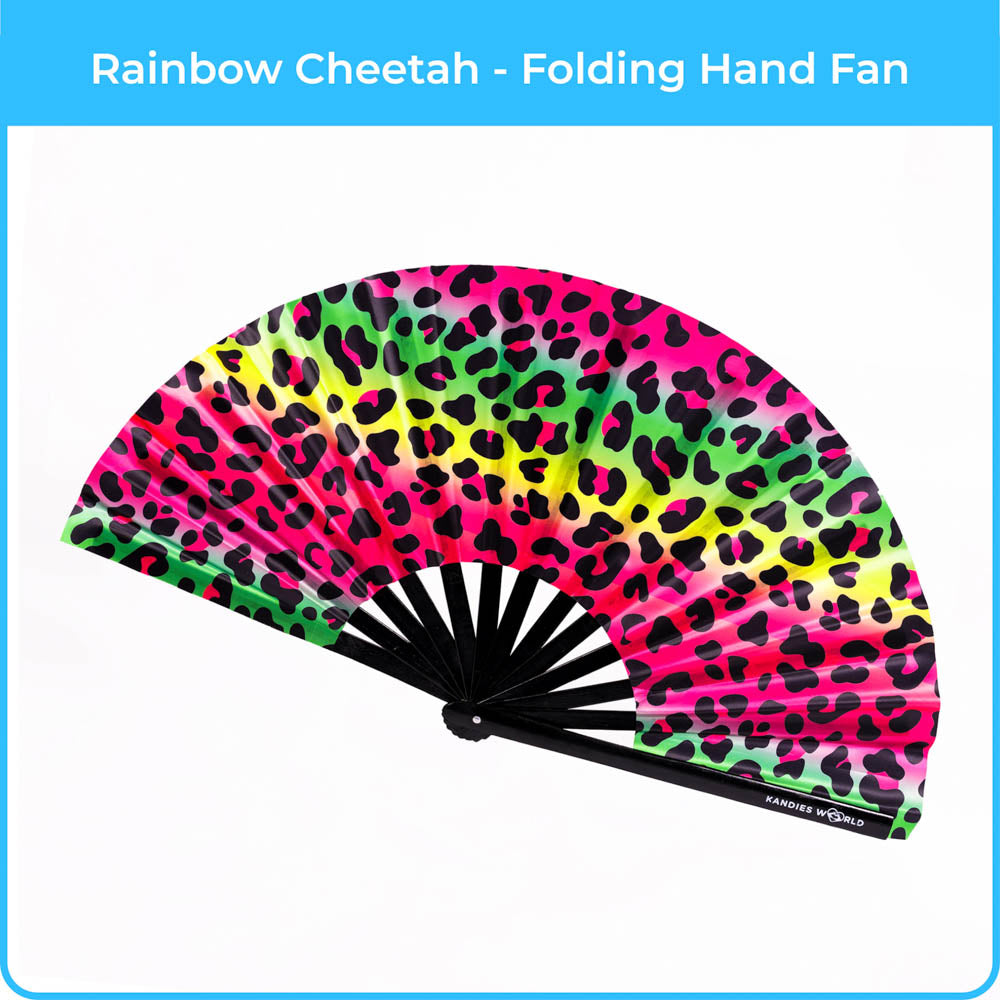 Rainbow Cheetah - UV Reactive Custom Festival Folding Hand Fan