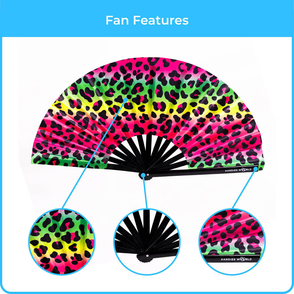 Rainbow Cheetah - UV Reactive Custom Festival Folding Hand Fan