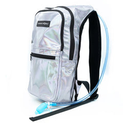 Silver holographic rave hydration pack with blue drinking tube, side view