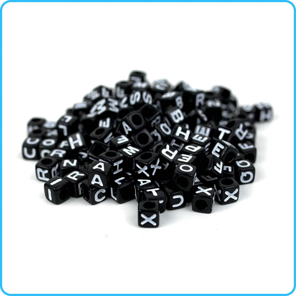 Black Opaque 10mm Cube Alpha Beads - White Letter Mix (100pcs)