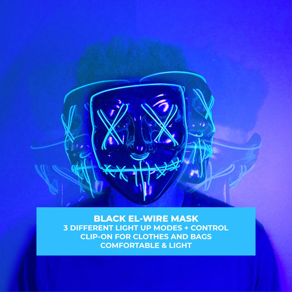EL-Wire Purge (Hype) Party Mask - Black Finish Light-Up Mask - 5 Light Up Color Options